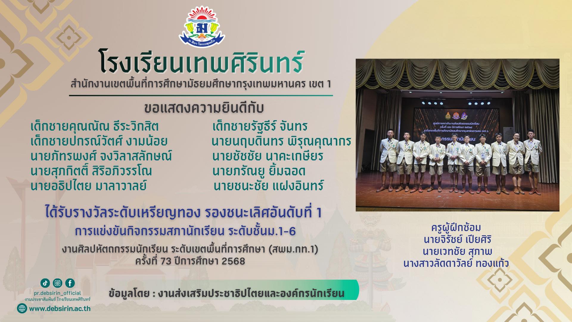 โรงเรียนเทพศิรินทร์ขอแสดงความยินดีกับนักเรียนเทพศิรินทร์ ที่ได้รับรางวัลการเเข่งขันศิลปหัตถกรรมนักเรียน ครั้งที่ 73 สำนักงานเขตพื้นที่การศึกษามัธยมศึกษากรุงเทพมหานครเขต 1 (กิจกรรมสภานักเรียน)